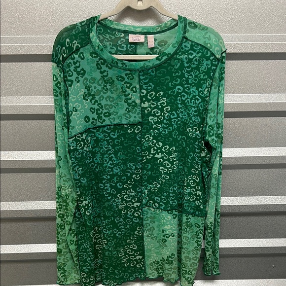 LOGO Layers Womens Green Animal Print Long Sleeve Stretch Blouse CASUAL Sz XL - Picture 4 of 11